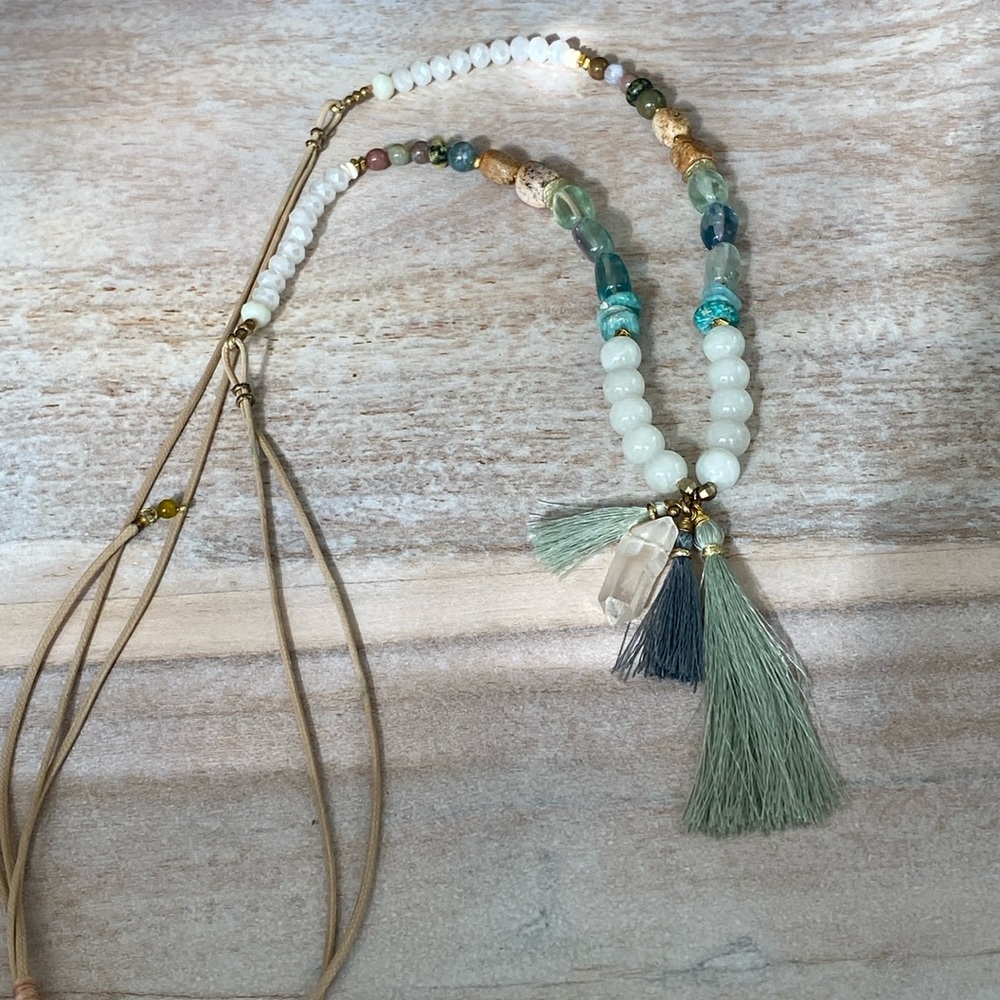 Crystal & multi stone adjustable tassel necklace